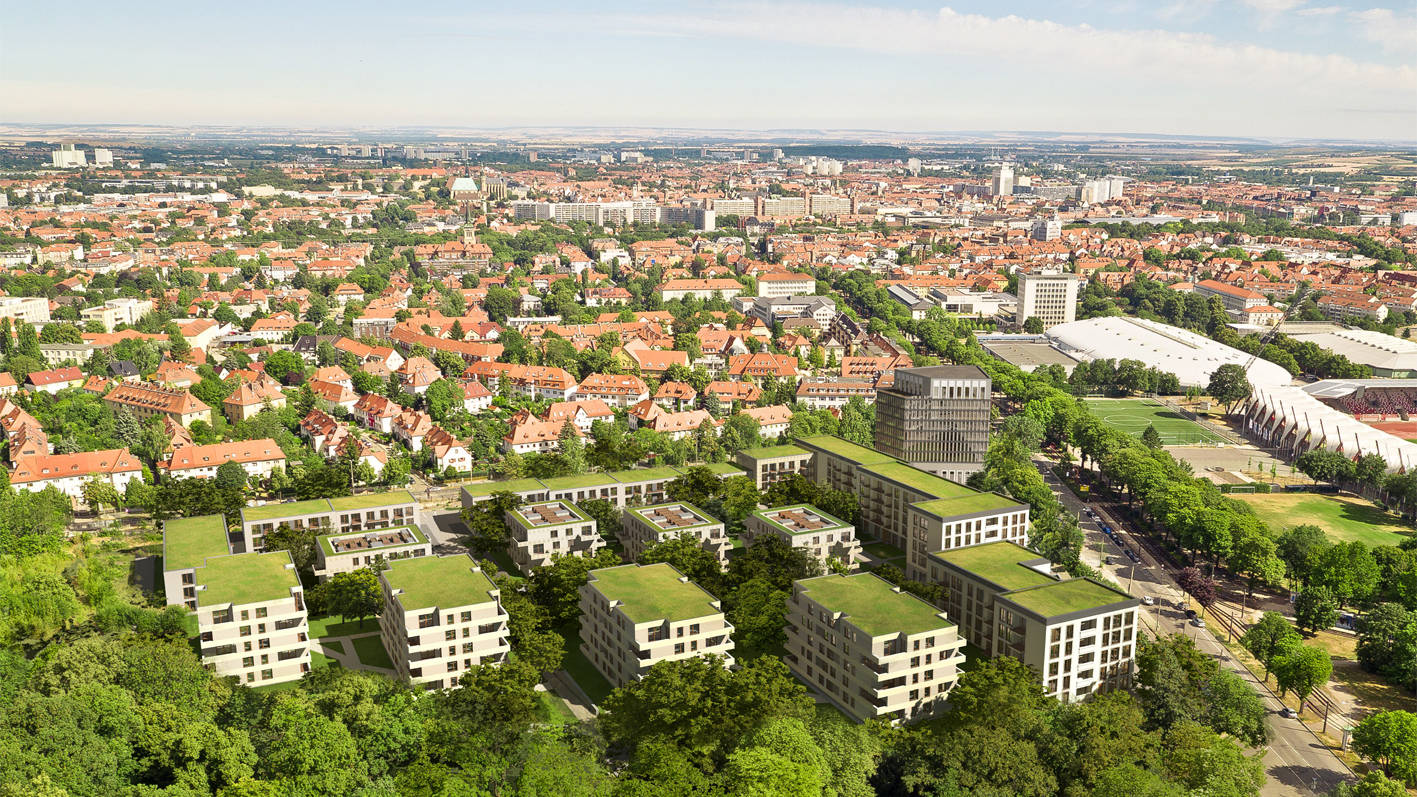 Visualization of the Steigereck new-build project in Erfurt from a bird's eye view with a view over the new buildings towards Erfurt city center